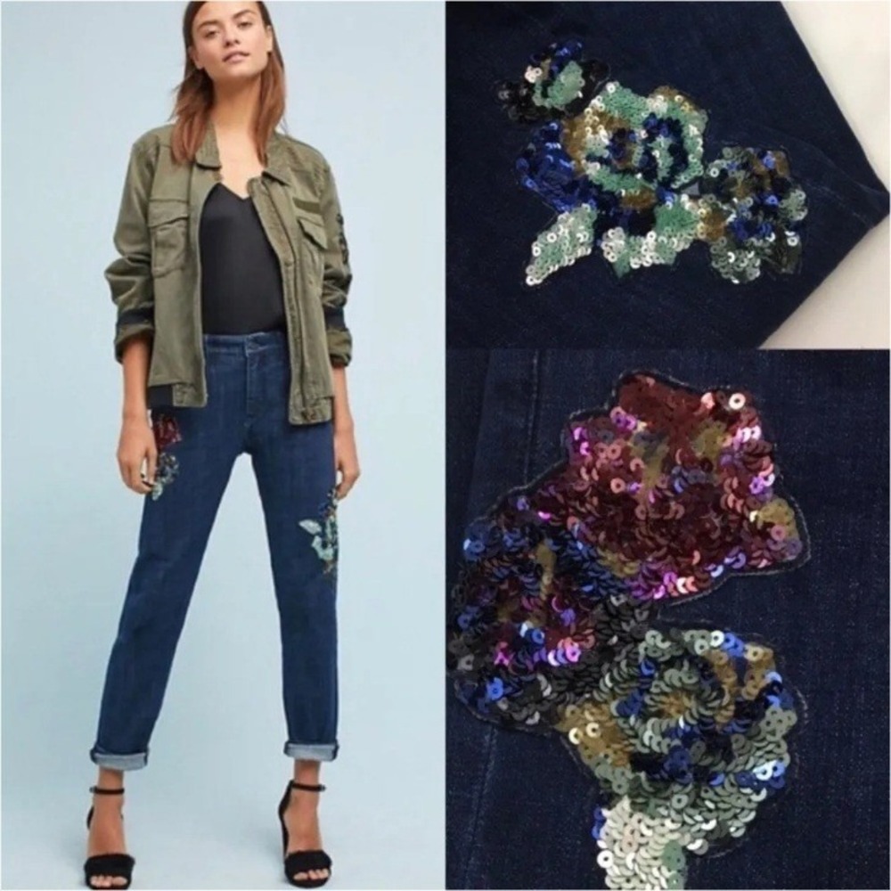 Pilcro Anthropologie Sequin Flower Embellished Dark Wash Denim Jeans Women 25